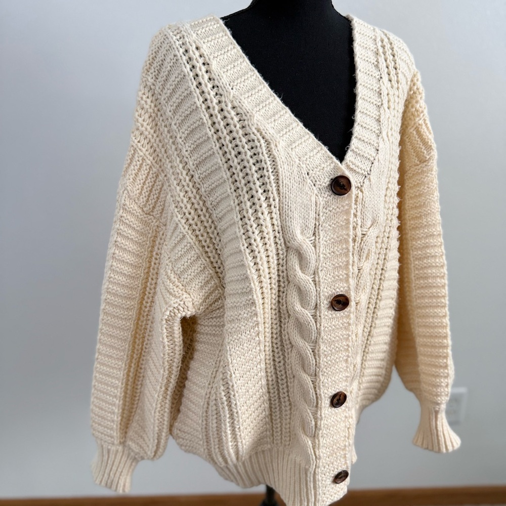 Chunky Cable Knit Cardigan Cream Oversized Fisherman Grandpa Sweater - Picture 3 of 15